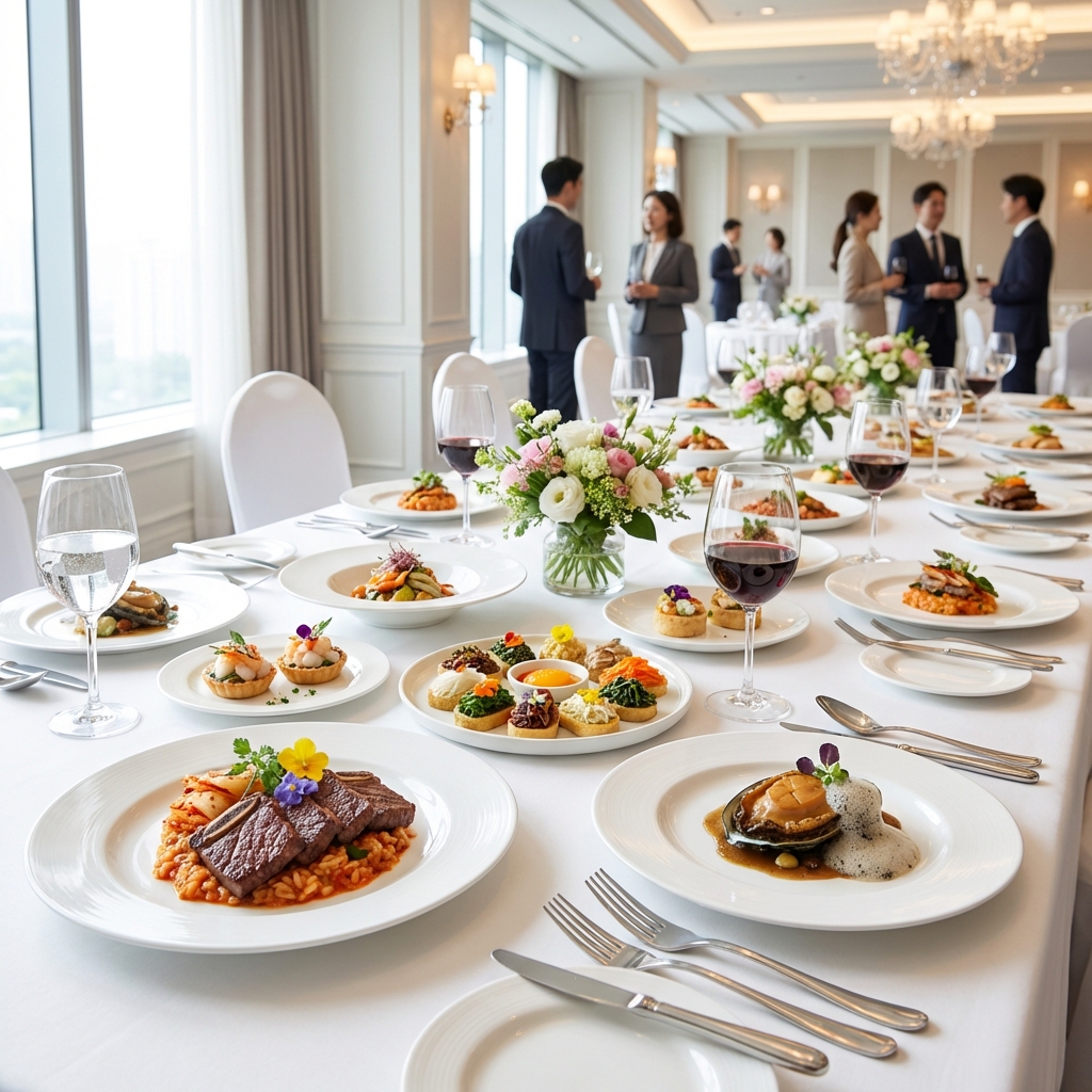 프리미엄 케이터링 서비스 - 고급스러운 테이블 세팅과 요리